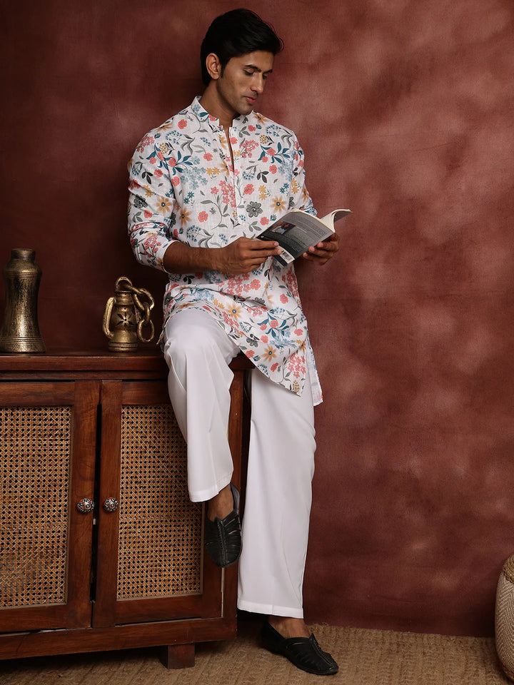 White Printed Cotton Straight Kurta for Men - Image 9