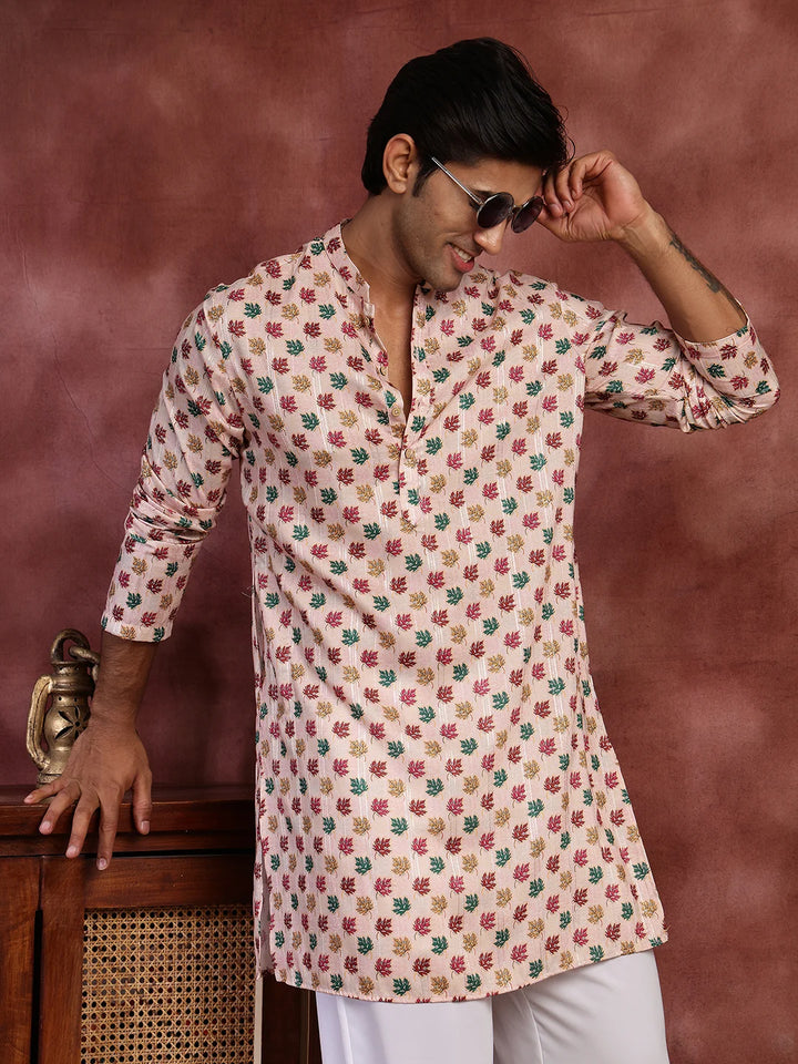 Peach Thread Work Printed Cotton Silk Straight Kurta for Men - Image 1