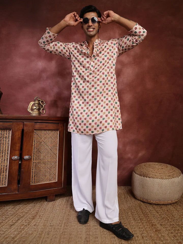 Peach Thread Work Printed Cotton Silk Straight Kurta for Men - Image 10