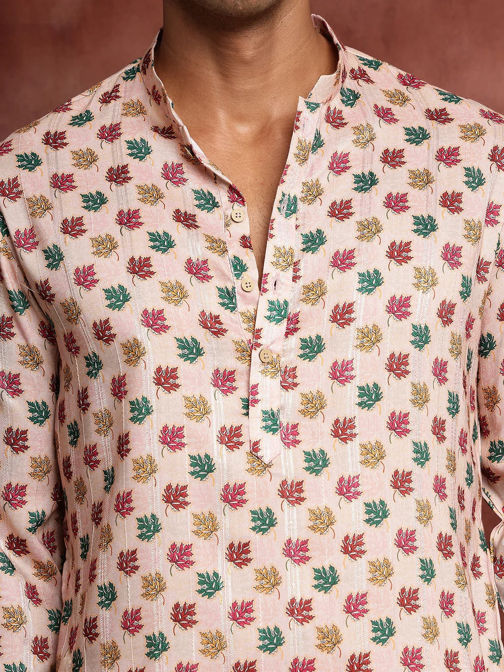 Peach Thread Work Printed Cotton Silk Straight Kurta for Men - Image 11