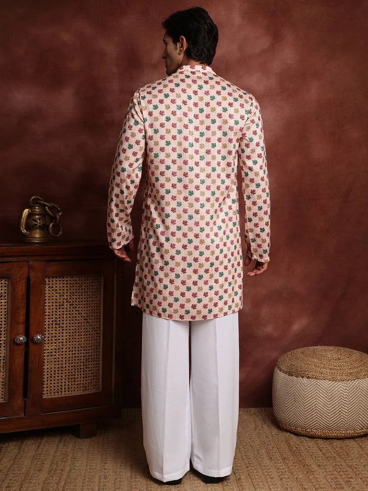 Peach Thread Work Printed Cotton Silk Straight Kurta for Men - Image 2