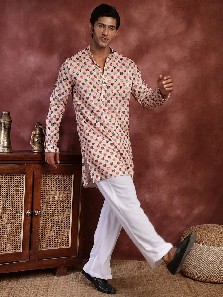 Peach Thread Work Printed Cotton Silk Straight Kurta for Men - Image 3
