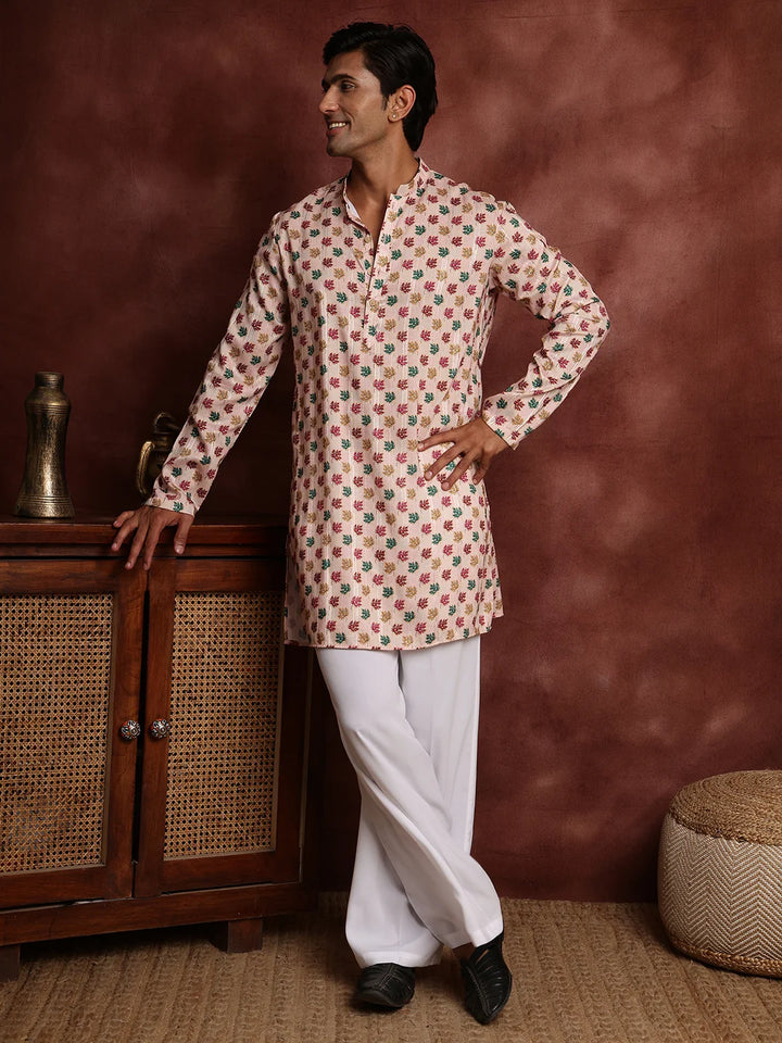 Peach Thread Work Printed Cotton Silk Straight Kurta for Men - Image 4