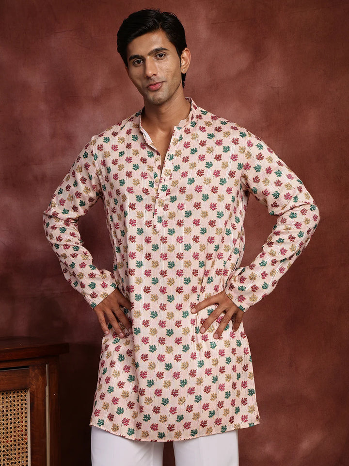Peach Thread Work Printed Cotton Silk Straight Kurta for Men - Image 5