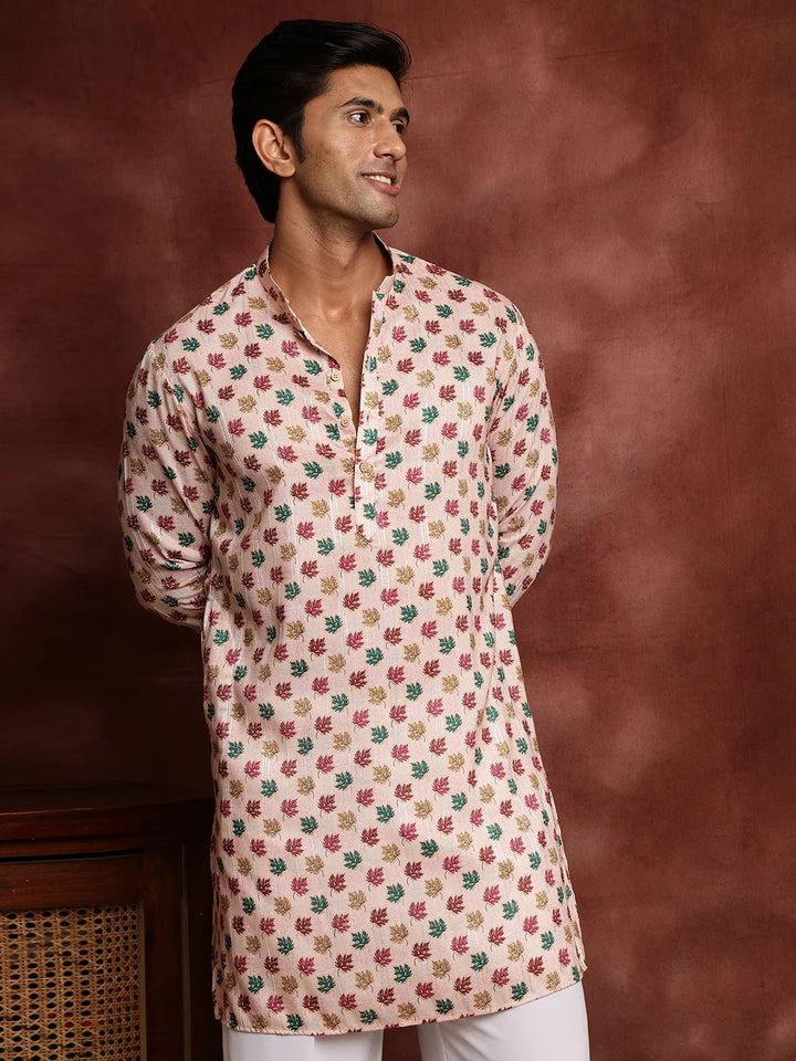 Peach Thread Work Printed Cotton Silk Straight Kurta for Men - Image 6