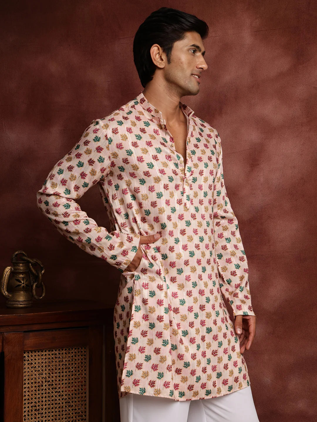 Peach Thread Work Printed Cotton Silk Straight Kurta for Men - Image 7