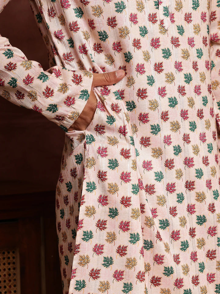Peach Thread Work Printed Cotton Silk Straight Kurta for Men - Image 8