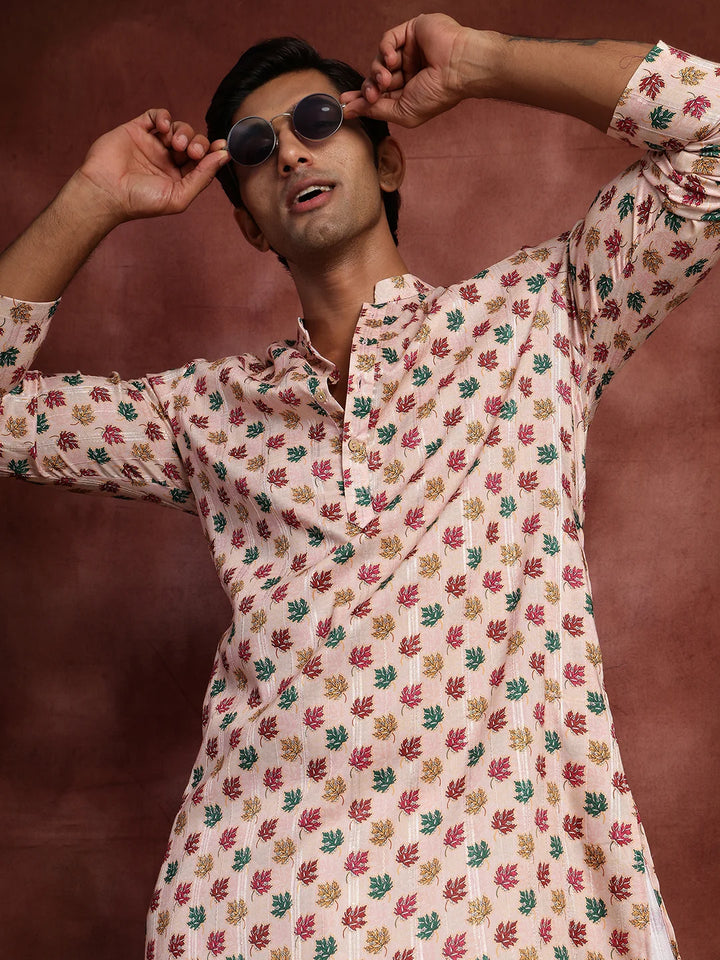 Peach Thread Work Printed Cotton Silk Straight Kurta for Men - Image 9