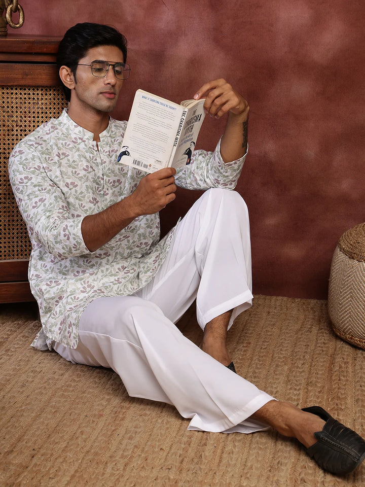 White Printed Cotton Straight Kurta for Men - Image 1