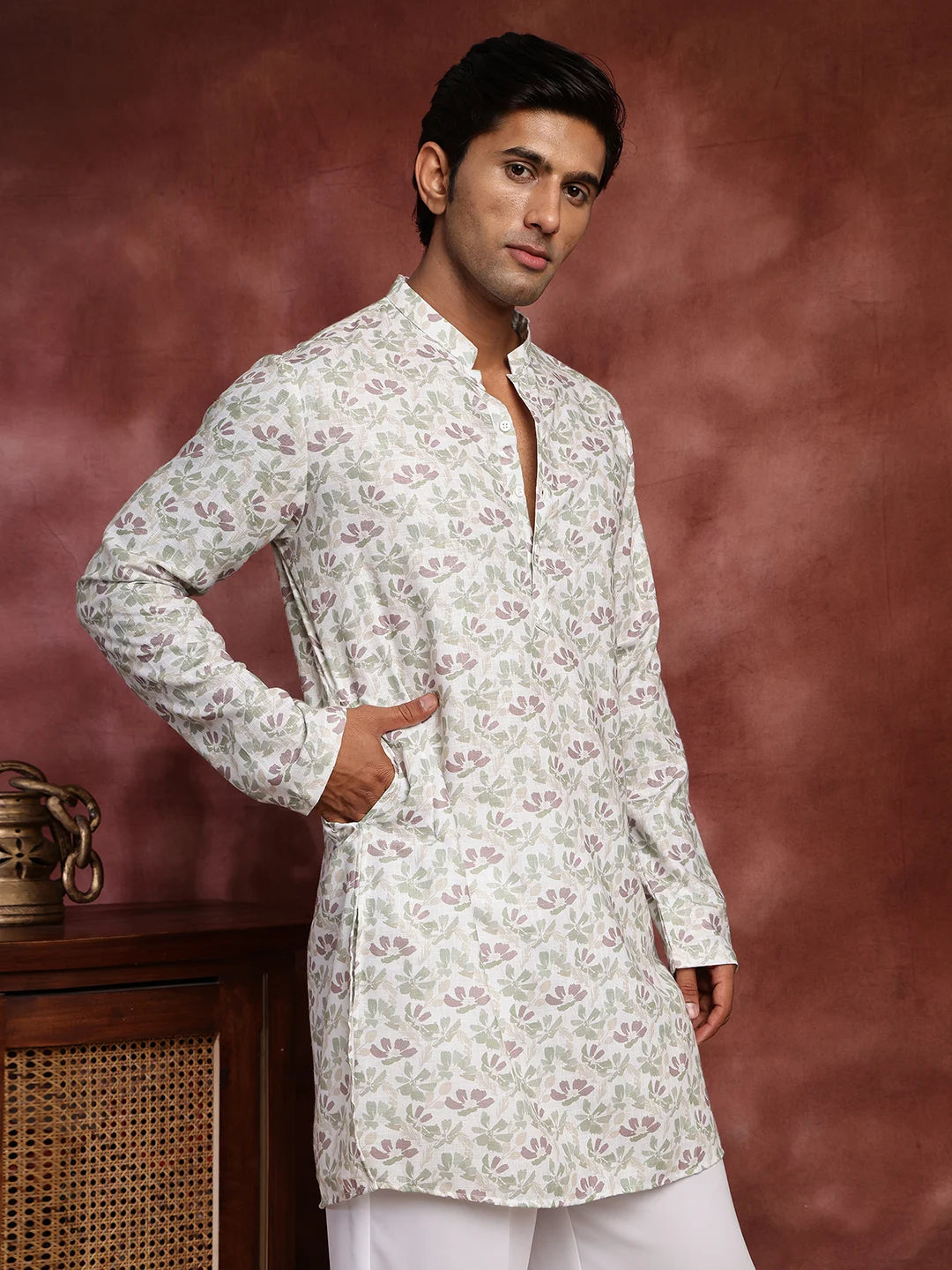 White Printed Cotton Straight Kurta for Men - Image 10