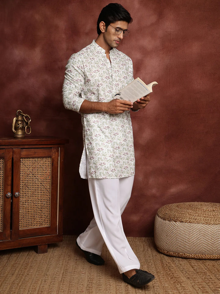 White Printed Cotton Straight Kurta for Men - Image 11