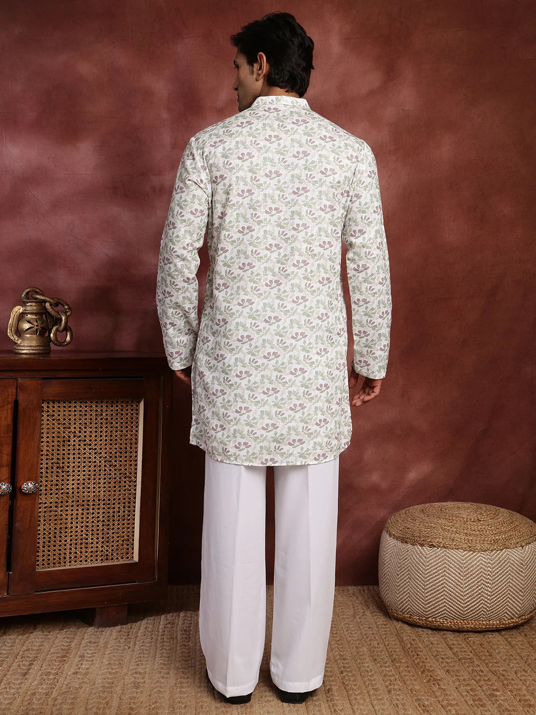 White Printed Cotton Straight Kurta for Men - Image 12