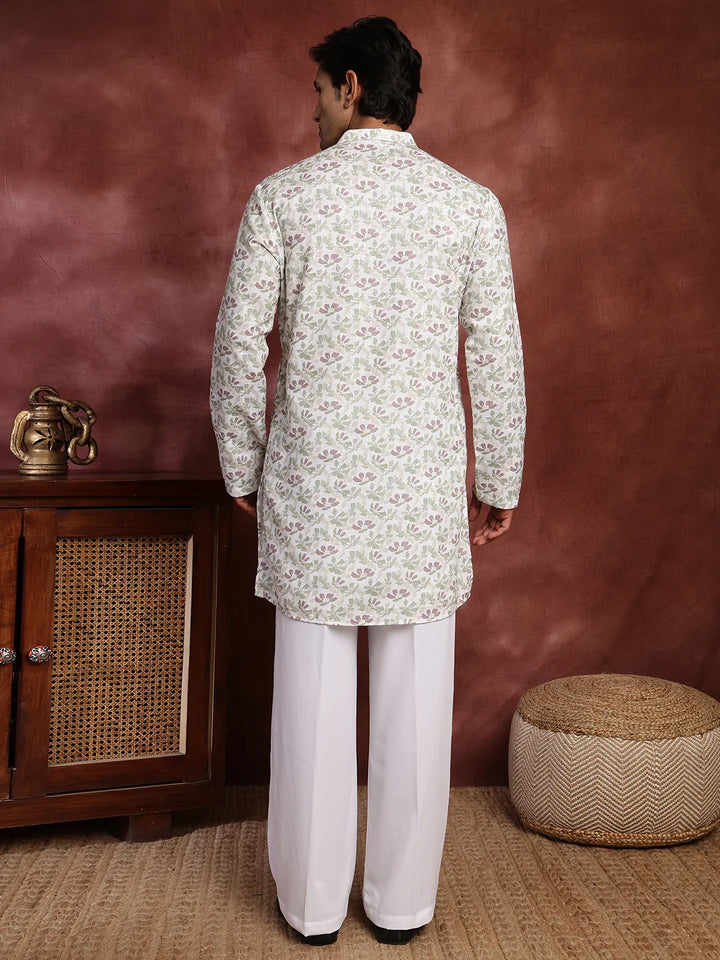 White Printed Cotton Straight Kurta for Men - Image 12