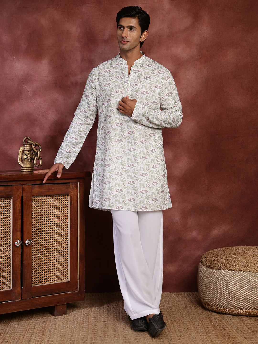 White Printed Cotton Straight Kurta for Men - Image 2