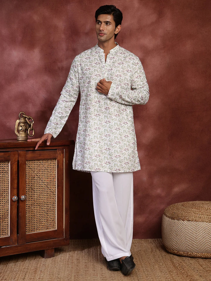 White Printed Cotton Straight Kurta for Men - Image 2
