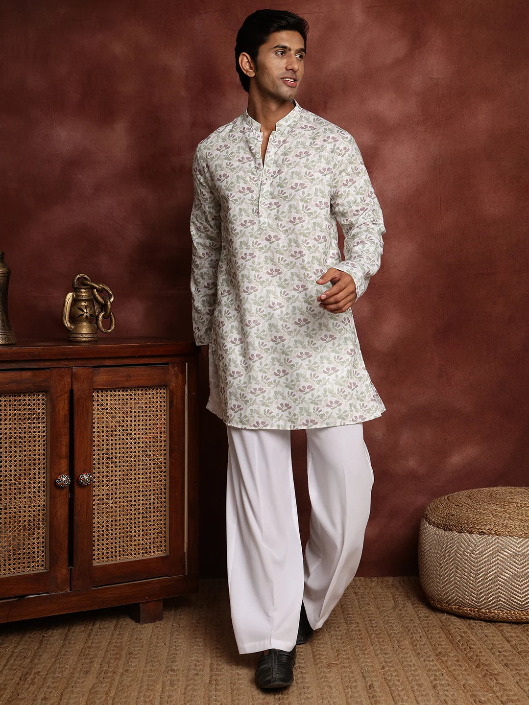 White Printed Cotton Straight Kurta for Men - Image 3