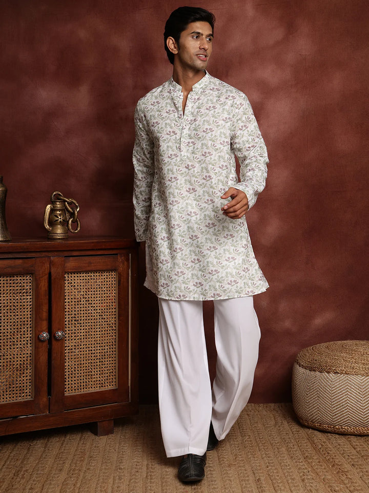 White Printed Cotton Straight Kurta for Men - Image 3
