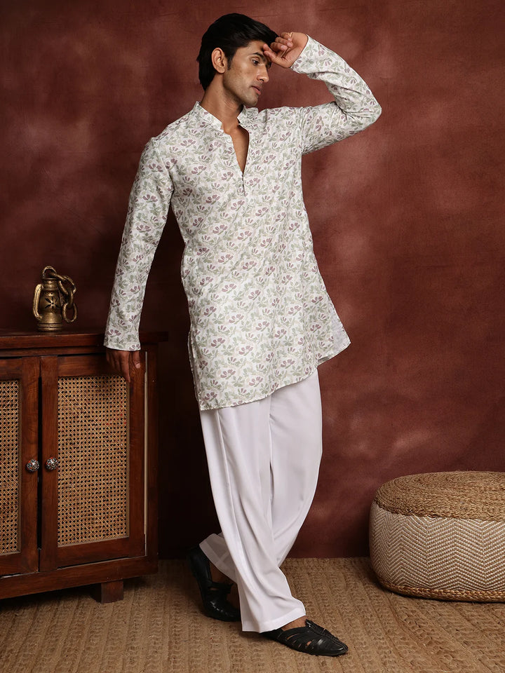 White Printed Cotton Straight Kurta for Men - Image 4