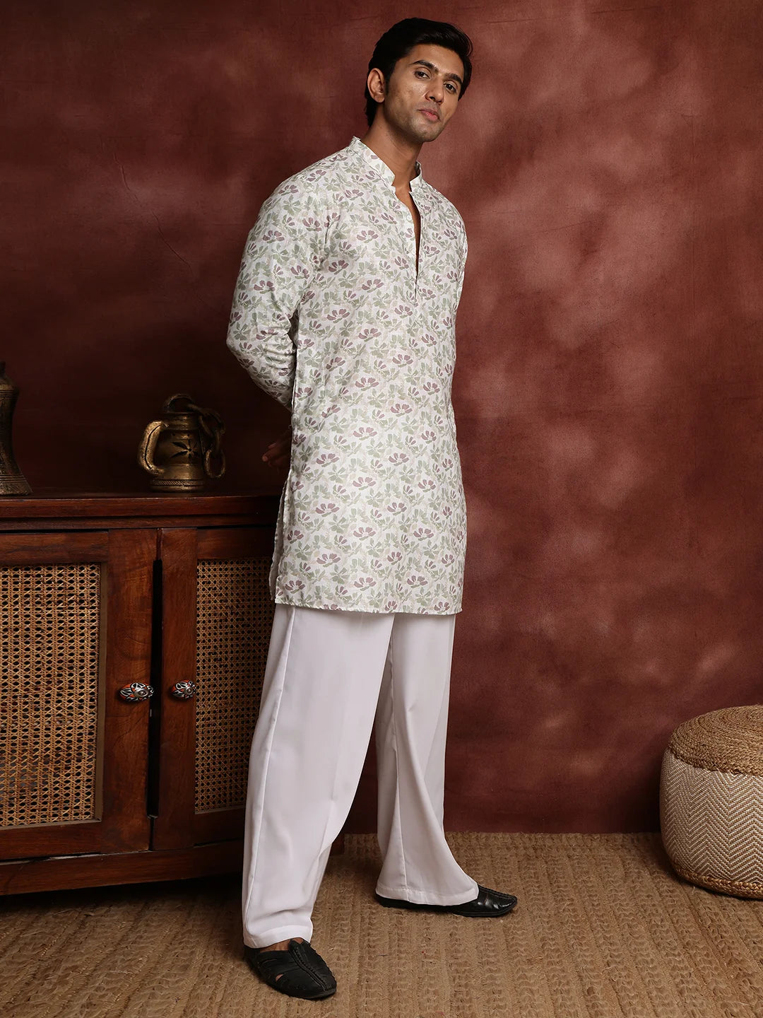 White Printed Cotton Straight Kurta for Men - Image 5