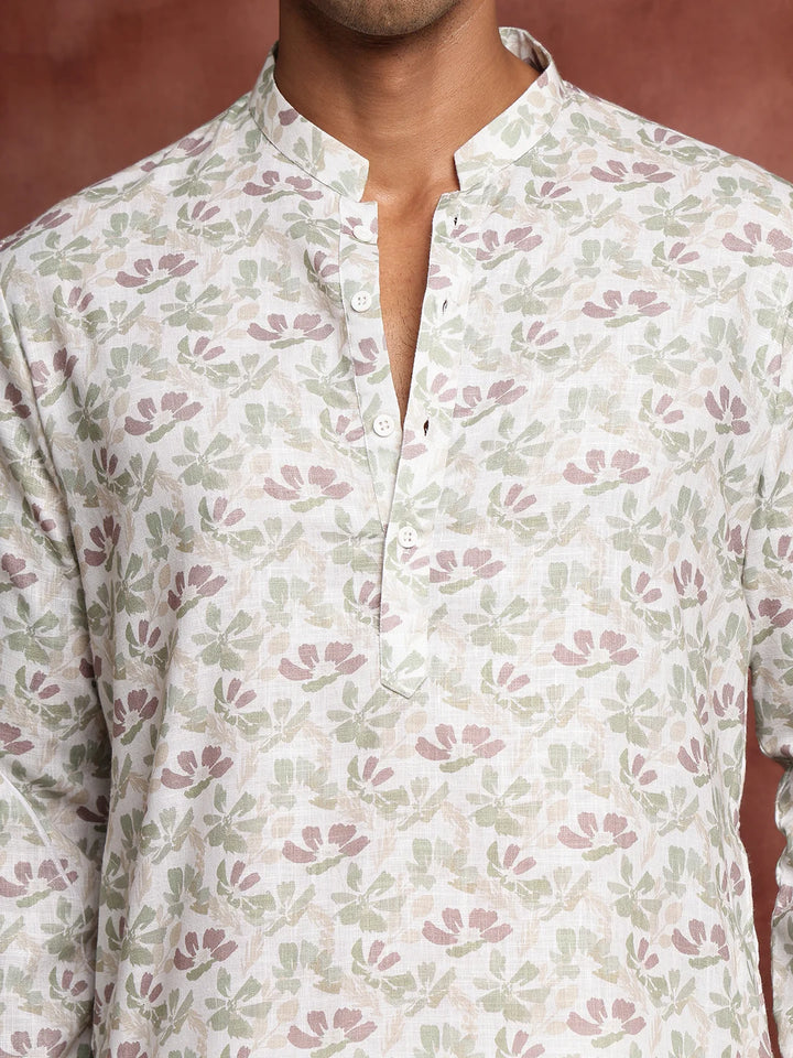 White Printed Cotton Straight Kurta for Men - Image 6