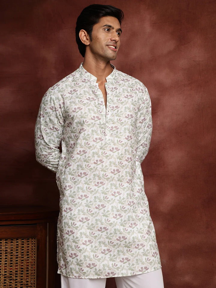 White Printed Cotton Straight Kurta for Men - Image 7