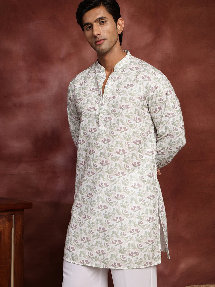 White Printed Cotton Straight Kurta for Men - Image 8
