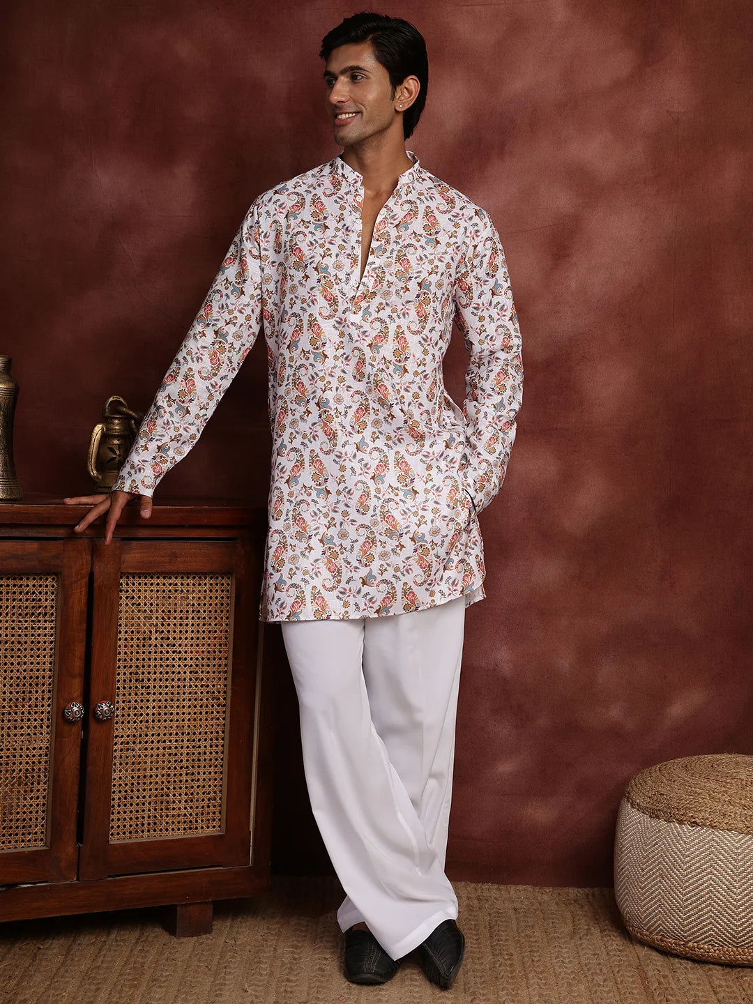 White Printed Cotton Straight Kurta for Men - Image 1