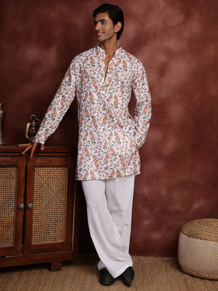 White Printed Cotton Straight Kurta for Men - Image 1