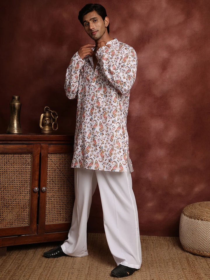 White Printed Cotton Straight Kurta for Men - Image 10