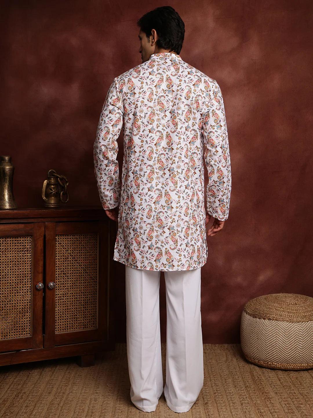 White Printed Cotton Straight Kurta for Men - Image 2