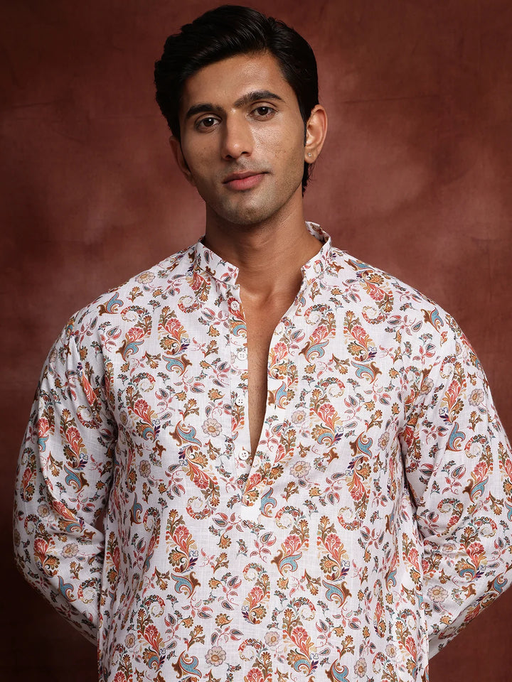 White Printed Cotton Straight Kurta for Men - Image 3