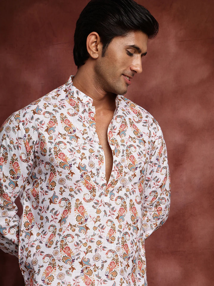 White Printed Cotton Straight Kurta for Men - Image 4