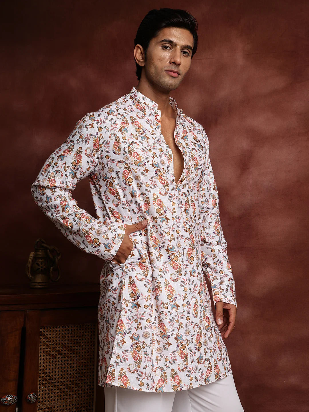 White Printed Cotton Straight Kurta for Men - Image 6