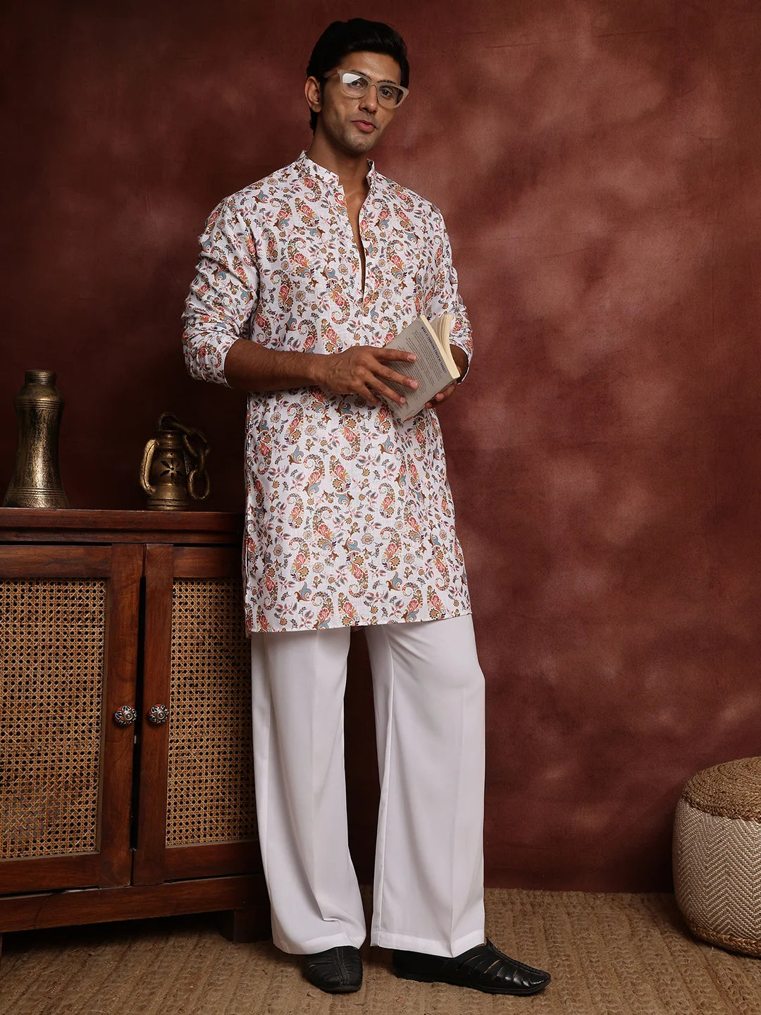 White Printed Cotton Straight Kurta for Men - Image 7