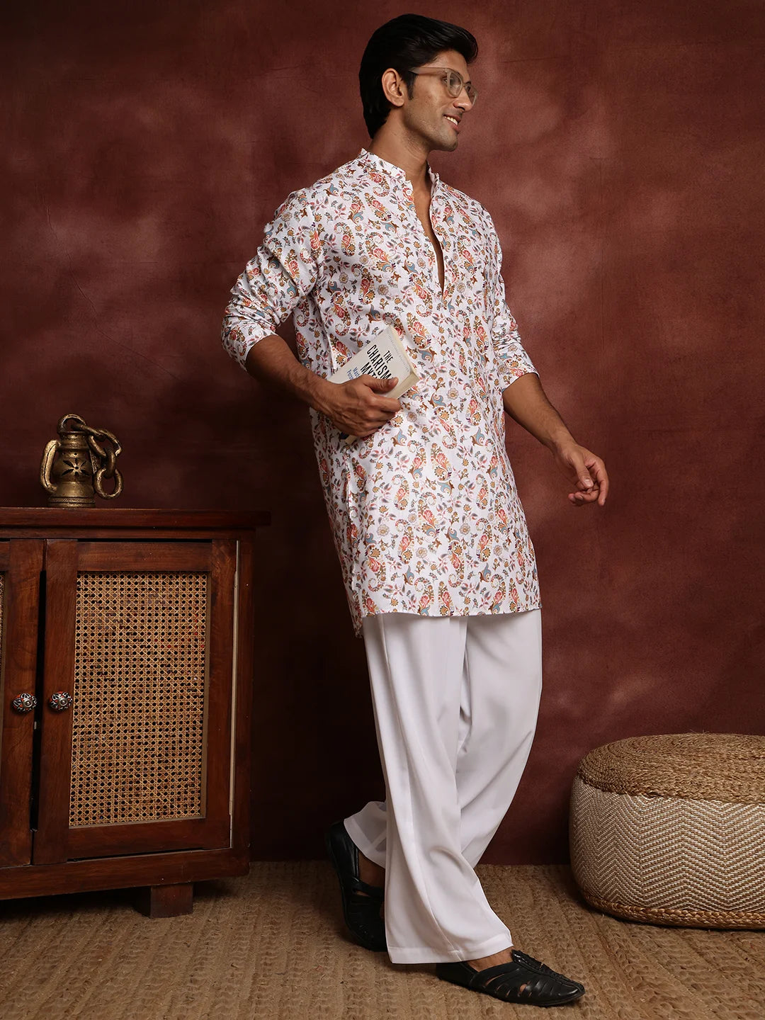 White Printed Cotton Straight Kurta for Men - Image 8