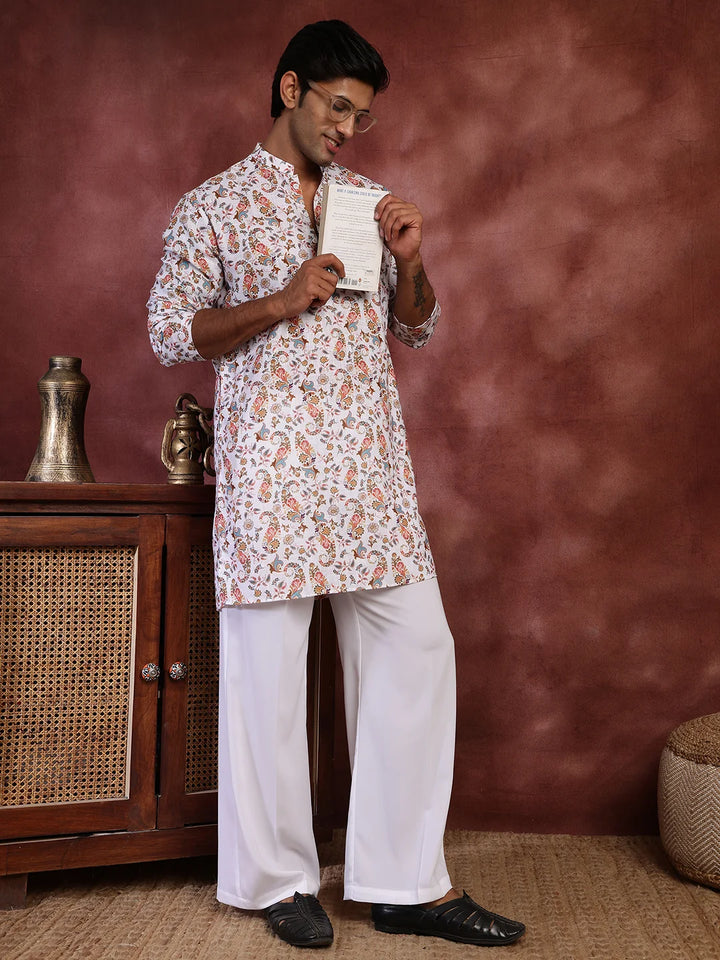 White Printed Cotton Straight Kurta for Men - Image 9