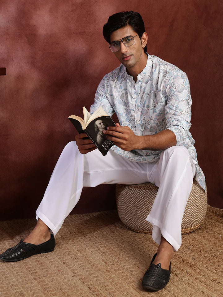 White Printed Cotton Straight Kurta for Men - Image 1