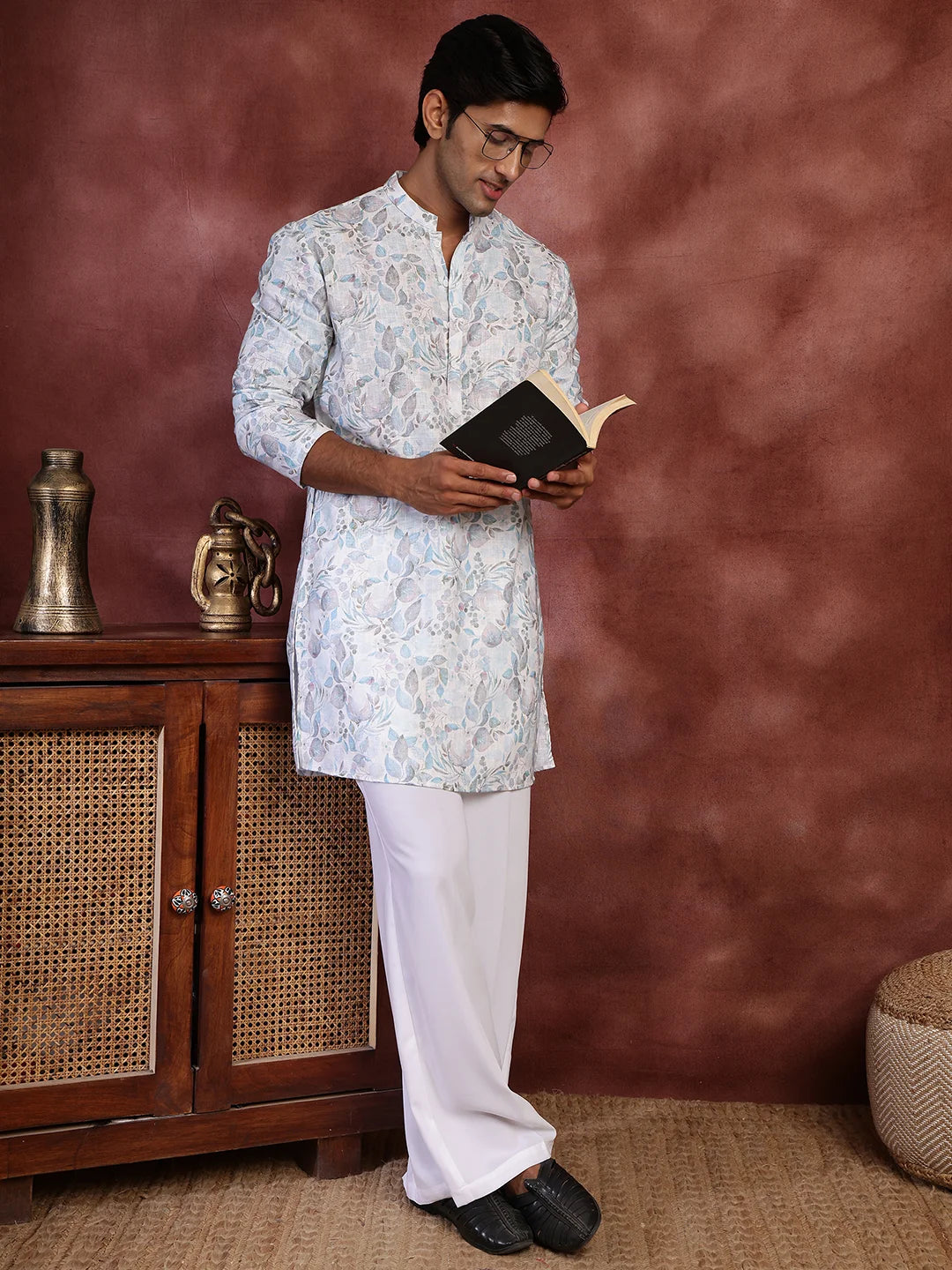 White Printed Cotton Straight Kurta for Men - Image 10