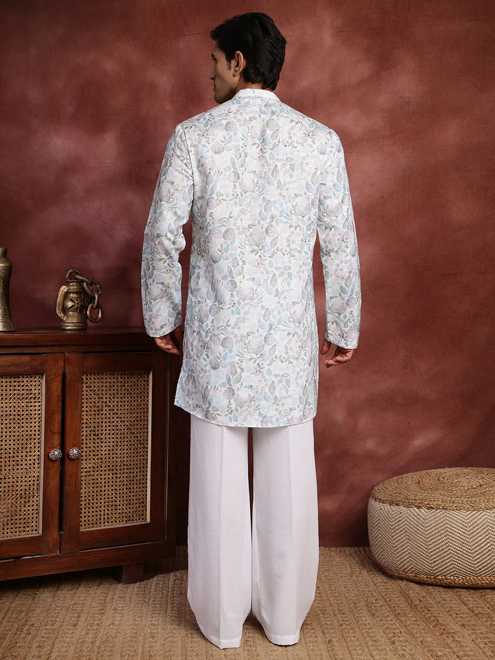 White Printed Cotton Straight Kurta for Men - Image 11