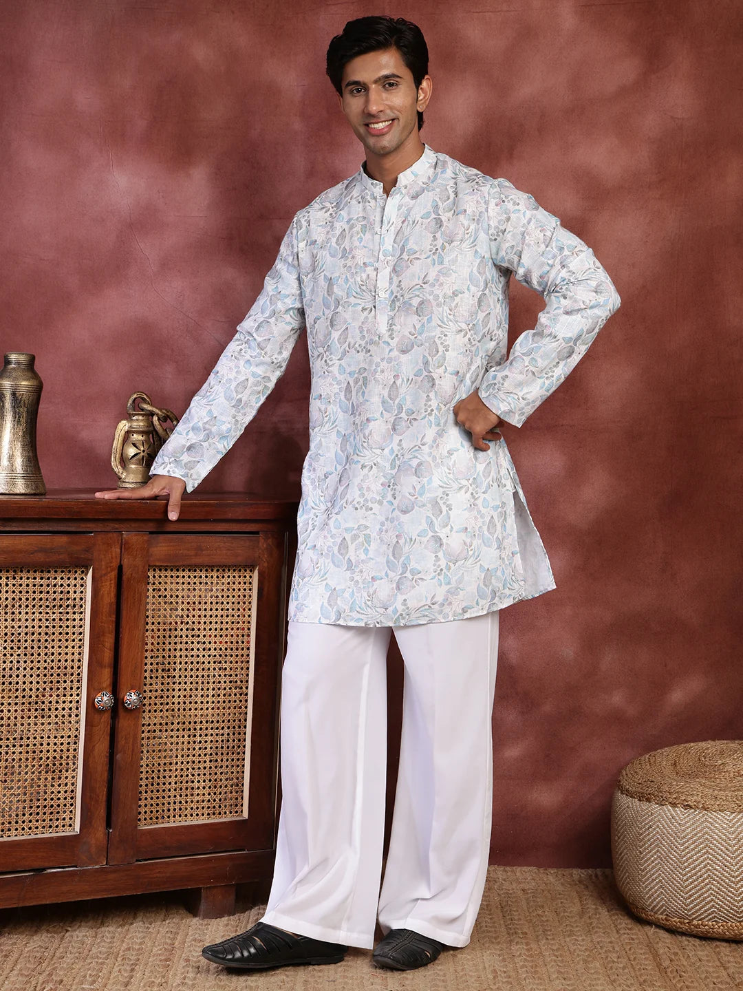 White Printed Cotton Straight Kurta for Men - Image 2