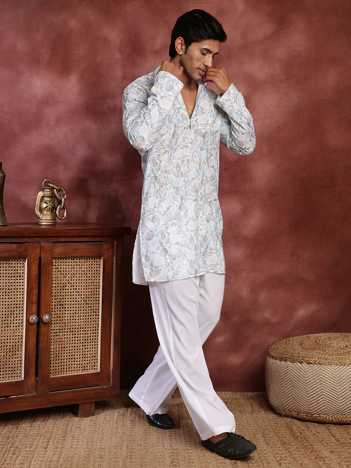 White Printed Cotton Straight Kurta for Men - Image 3