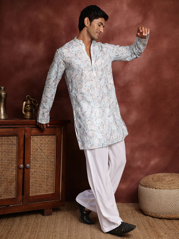 White Printed Cotton Straight Kurta for Men - Image 4