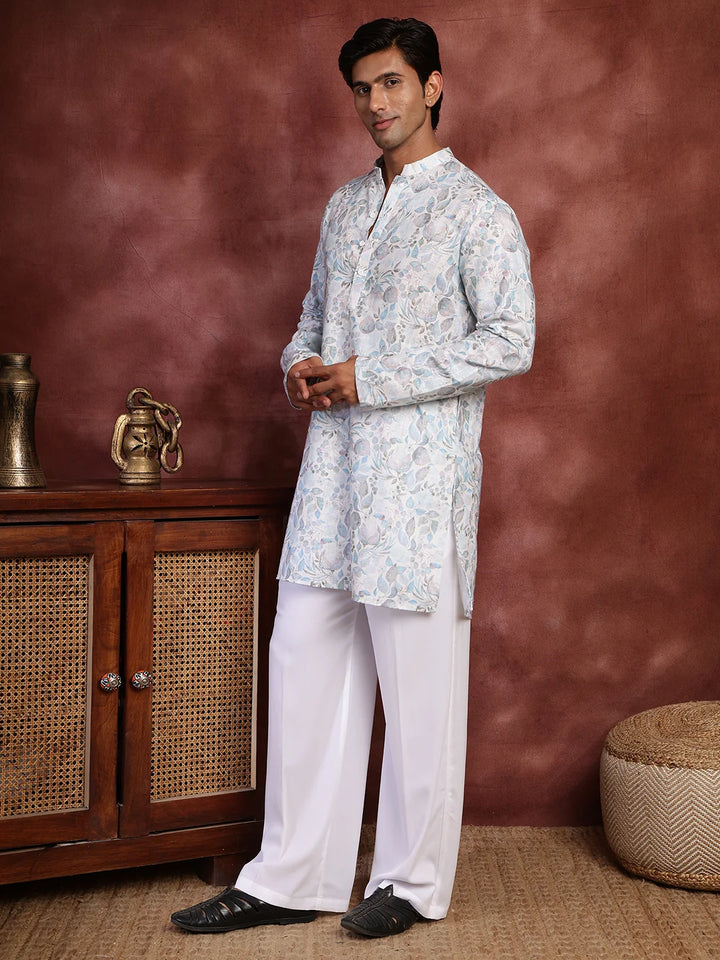 White Printed Cotton Straight Kurta for Men - Image 5