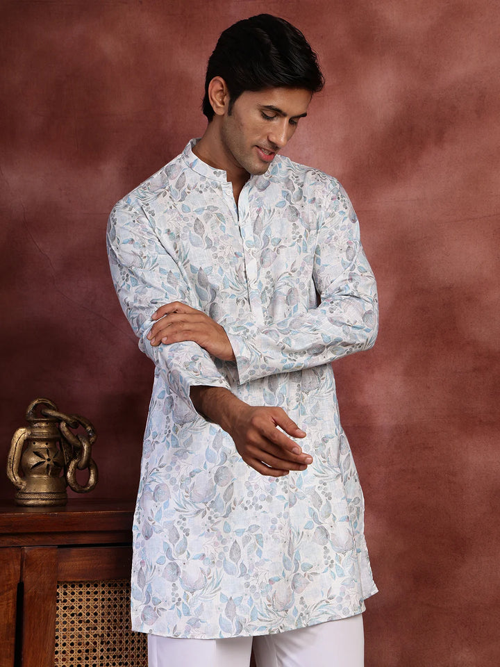 White Printed Cotton Straight Kurta for Men - Image 6