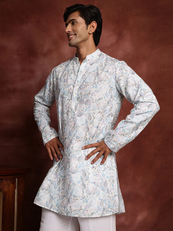 White Printed Cotton Straight Kurta for Men - Image 8