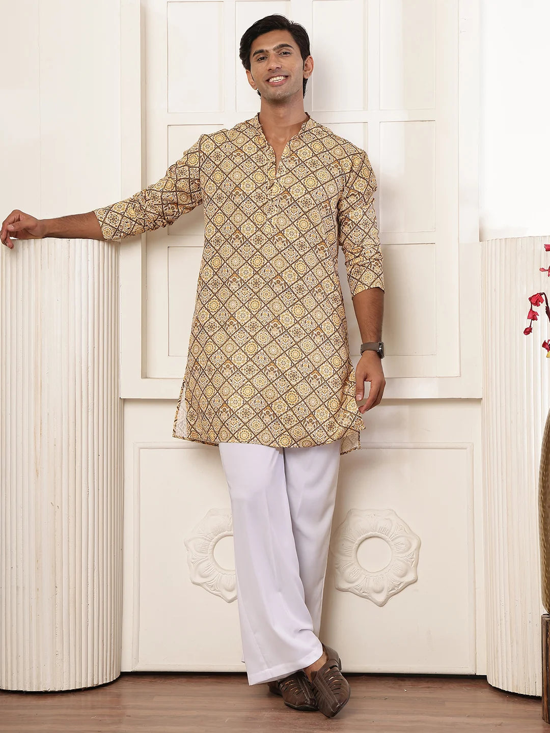 Mustard Thread Work Printed Cotton Silk Straight Kurta for Men - Image 1