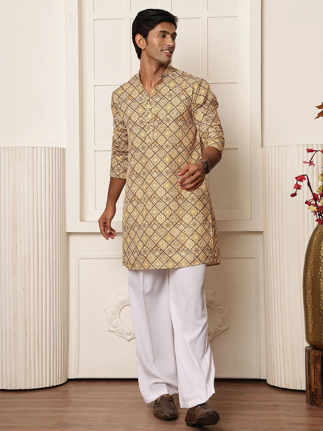 Mustard Thread Work Printed Cotton Silk Straight Kurta for Men - Image 11