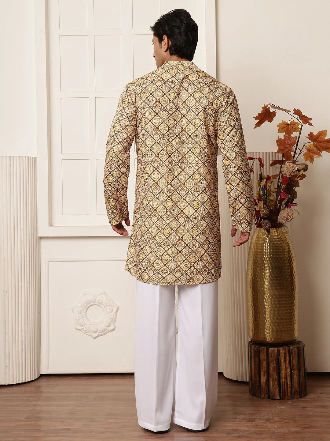 Mustard Thread Work Printed Cotton Silk Straight Kurta for Men - Image 2