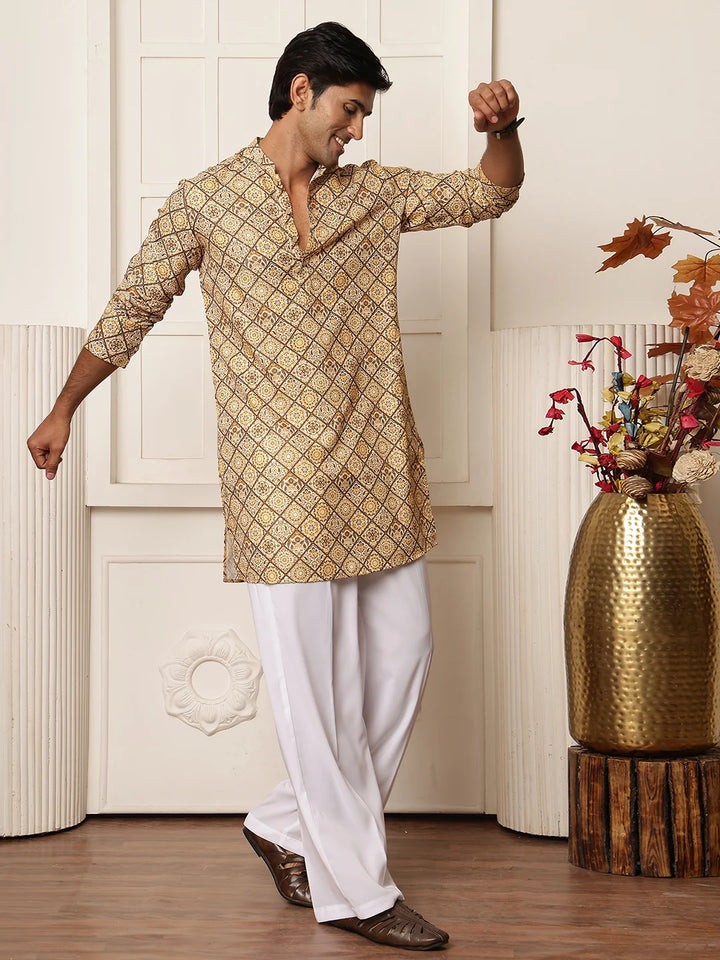 Mustard Thread Work Printed Cotton Silk Straight Kurta for Men - Image 3
