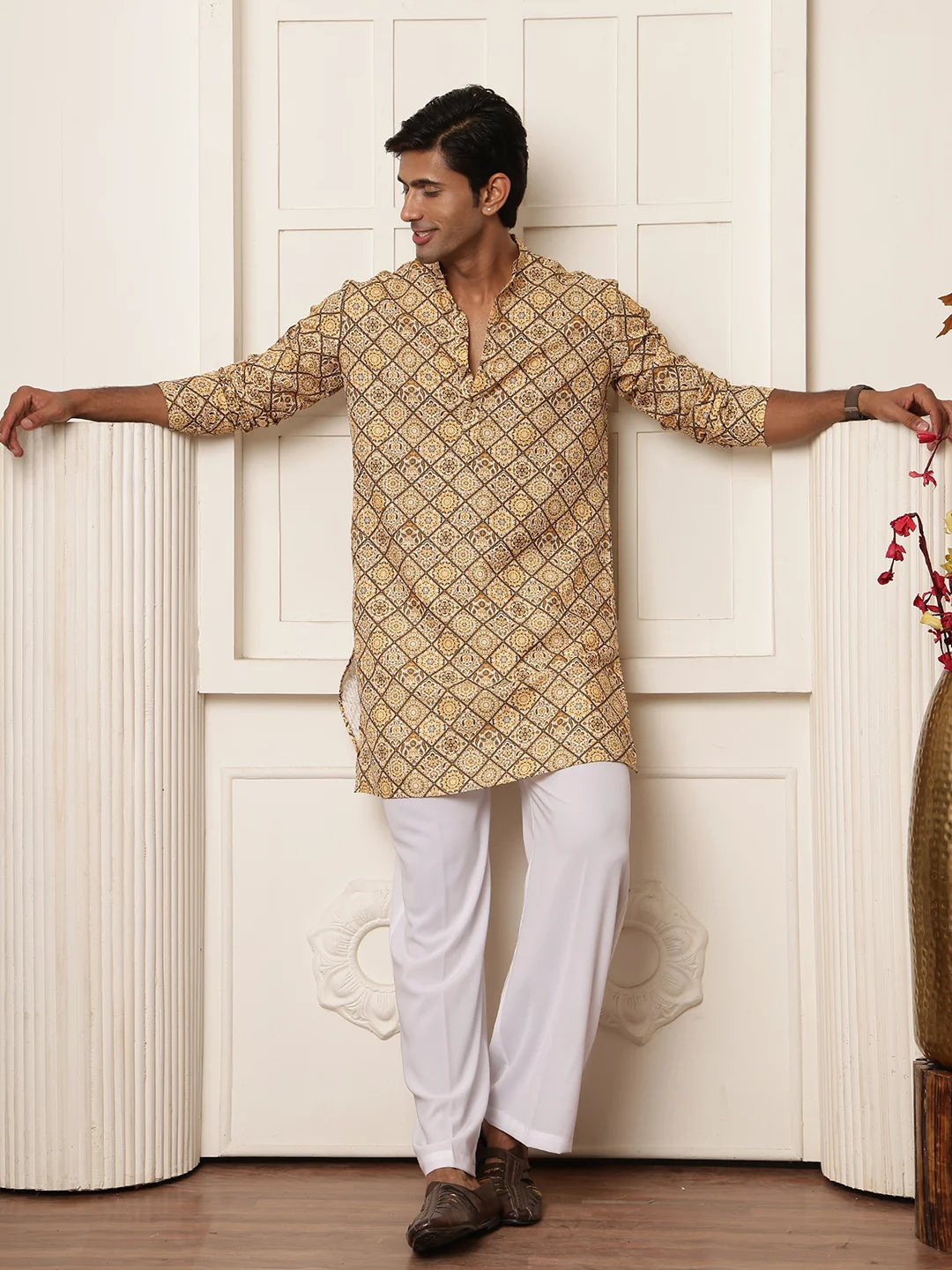 Mustard Thread Work Printed Cotton Silk Straight Kurta for Men - Image 4